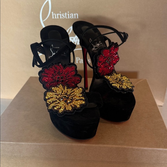 Christian Louboutin Black and Gold Floral Heels - Picture 3 of 6